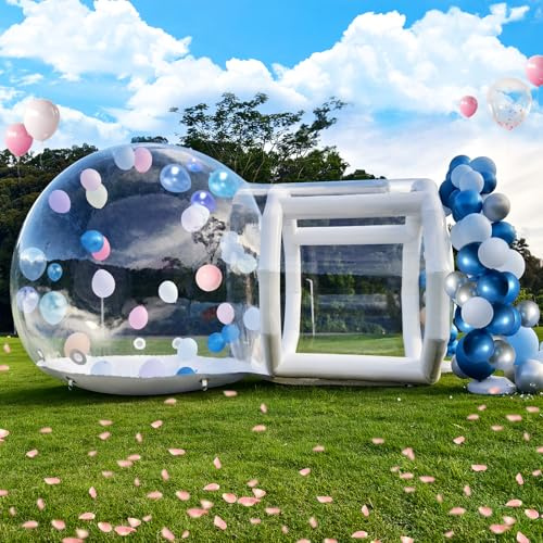 10FT Inflatable Clear Bubble House with Tunnel, 360° PVC Panoramic Skylight Bubble House for Yard Decoration, Transparent Inflatable Dome with Blower&Pump for Family Camping, Party, Stargazing
