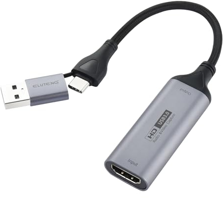 ELUTENG Capturadora Video 4K HDMI a USB USB C 3.0 Tarjeta Captura Vídeo Full HD 1080p Captura de Videojuegos con Interfaz 2 en 1 para Enseñanza Radiodifusión Juegos Streaming Videoconferencia