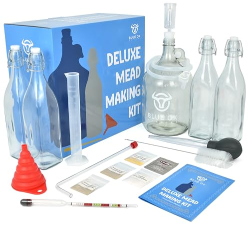 Blue Ox Brewing DELUXE Mead Making Kit with Storage Bottles, Hydrometer & Extra Yeast Nutrients - Honey Wine Making Kit - Mead Kit Complete - Mead Supplies for 1 Gallon of Mead – Mead Brewing Kit