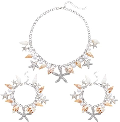 UNICRAFTALE Muschel Seestern Halsketten Armband Sets 1 Stück Muschel Conch Statement Klobige Halskette 2 Stück Muschel Perlen Armband Platin Meerjungfrau Kostüm Sommer Strand Schmuck Für Frauen Party