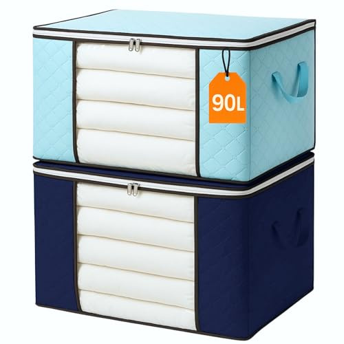 Duvet Storage Bag - Clothes Boxes zipper Storage Bags Bedding 2 Pack 90l Bags With Zips Duvet Packing Home Under bed Bedding Clothing & Wardrobe Large Laundry Cloth Bedroom Stackable Towel Zip