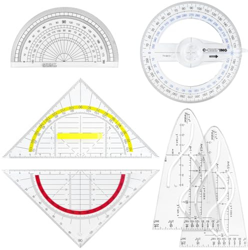 FLEXNOVA 6 Stück Geodreieck Set, Kunststoff Parabelschablone ＆ 360 Grad Winkelmesser Schule ＆ Geodreieck mit Griff für Schule Mathe Studenten Designer Büro