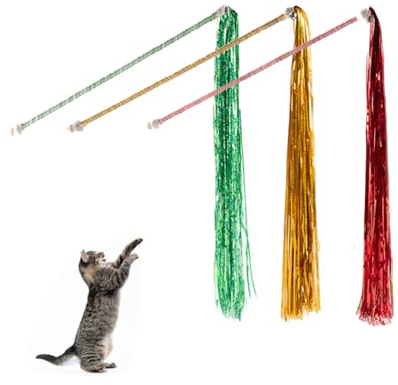 SEGXN 3 Pcs Sparkly Tassel Cat Teaser Wand with Bells - Fun Interactive Indoor Cat Toy for Kitten Hunting Exercise & Play(Red+Green+Gold)