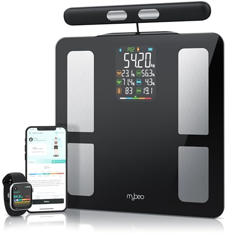 Mybeo - Körperfettwaage mit Handsensoren - mit App - Digitale Bluetooth Körperwaage - Personenwaage Multifunktionswaage - Digitale Anzeige – Handgriff für präzise Ergebnisse - mit Körperfettanalyse