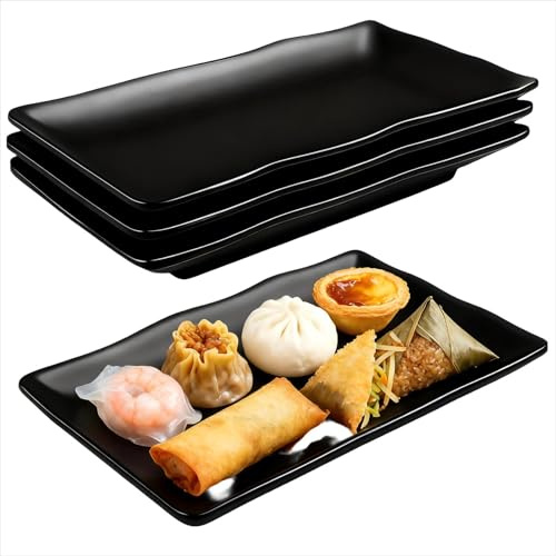 YuLiMirich Serveringsplattor rektangulära set om 4 – 20,7 x 12,8 x 2,7 cm serveringsplattor, återanvändbara för desserter, förrätter, salladstallrikar, fruktsidorätter – svart