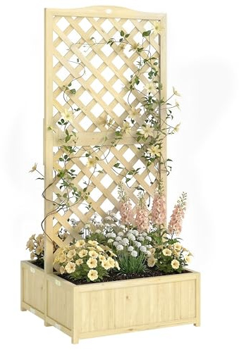 Outsunny Fioriera con traliccio in legno massello, quadrato orto, pieghevole, con doppio vassoio per fiori, letto da giardino, altezza 170 cm, per piante rampicanti sul balcone, terrazza frangivista