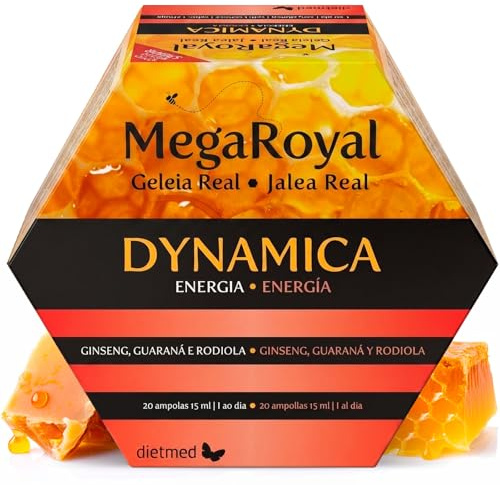 Jalea Real con Ginseng, Guaraná y Rhodiola - Energía Natural y Apoyo al Rendimiento Mental - Con Vitaminas B, C y Zinc para Sistema Nervioso y Fatiga - 20 Ampollas Bebibles 15 ml 1 al Día - DietMed