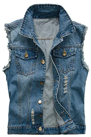 Kelmon Mens Denim Gilet Ripped Vintage Casual Biker Vest Motorcycle Coat Cowboy Sleeveless Vest Jacket
