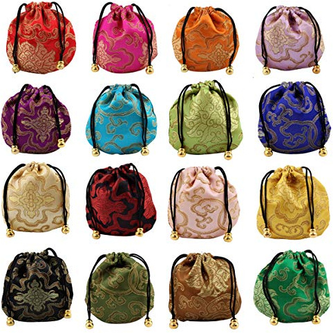 Halloluck 16 pcs Silk Brocade Jewelry Pouch Bag, Drawstring Coin Purse Gift Bag