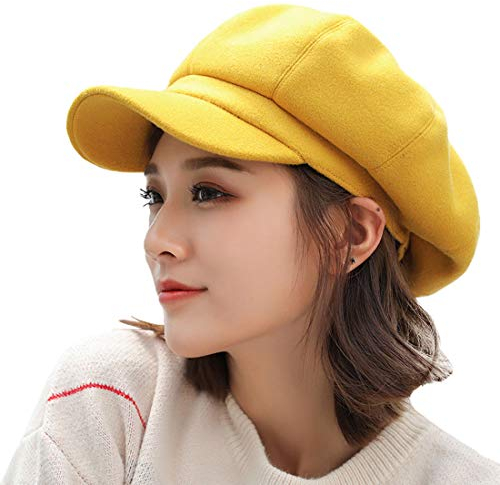 YONKOUNY Schirmmütze Barett Mütze Damen Casual Newsboy-Mütze Ballonmütze Beret Cap (Gelb)