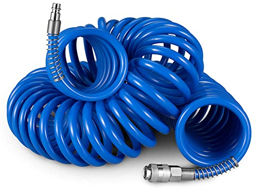 Manguera de aire comprimido de conexión simple rápida intuitiva 1/4 compresor manguera de presión, reforzada manguera elástica resistente a las vibraciones a la corrosión (15 mt espiral)