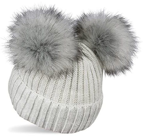styleBREAKER Gorro de Punto Infantil,2 Pompones, Gris-Claro