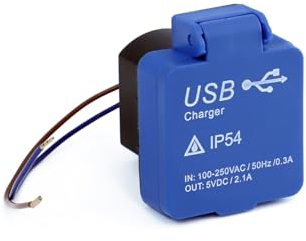 HOLZER USB-Einbausteckdose & Anbausteckdose - 2 Ports (A und C) - Eingangssp. 230V / 5V / 2,1A - Für Außen & Innenbereich - Mit Deckel - IP54 (Blau)
