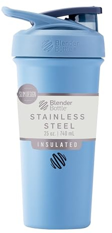 BlenderBottle Sport Sleek Insulated Stainless Steel Shaker Bottle with Wire Whisk, 25-Ounce, Dusty Blue – Protein Shakes & Hydration for Athletes & Fitness Enthusiasts, Easy Mixing, Slim Easy to Hold, Keeps Drinks Cold, Lockable Lid