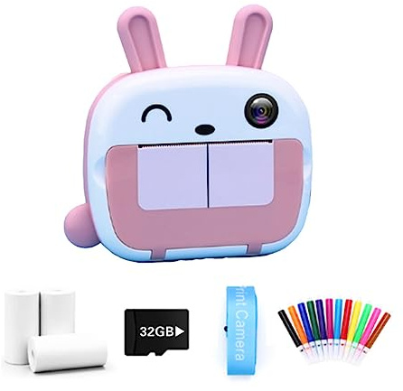 Omedelbar utskriftskamera mini tecknad student digital spegelreflexkamera för barn termopappersskrivare trådlös wifi telefonskrivare 4K 1080P HD-video (rosa)