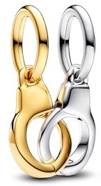 PANDORA Moments Aufklappbarer & teilbarer Handschellen Charm-Anhänger aus Sterling Silber mit vergoldeter Metalllegierung, Kompatibel Moments und ME Armbänder, 763435C00