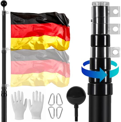 VEVOR Kit de mât de drapeau télescopique 6090 mm, mât de drapeau allemand en alliage d'aluminium dans le sol pour extérieur, mât de drapeaux à 3 modes d'affichage avec accessoires professionnels, noir