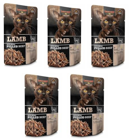 Snack para Gatos Pack 5 Unidades de 70g (350g) - Leonardo Pulled Beef. Alimento complementario para Gatos Adultos. con Aceite de Salmon (350 gr, Cordero)