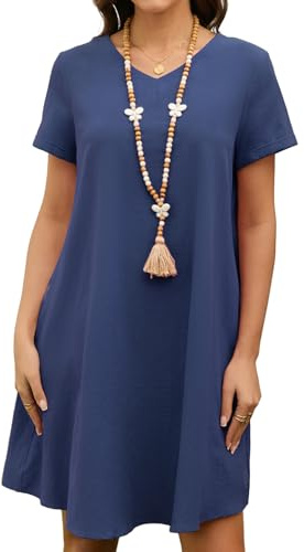 Enmain Vestidos de Lino Mujer Azul Marino Verano Casual Midi Vestido Verano Manga Corta y Pico Playa con Bolsillos sin Accesorios 3XL