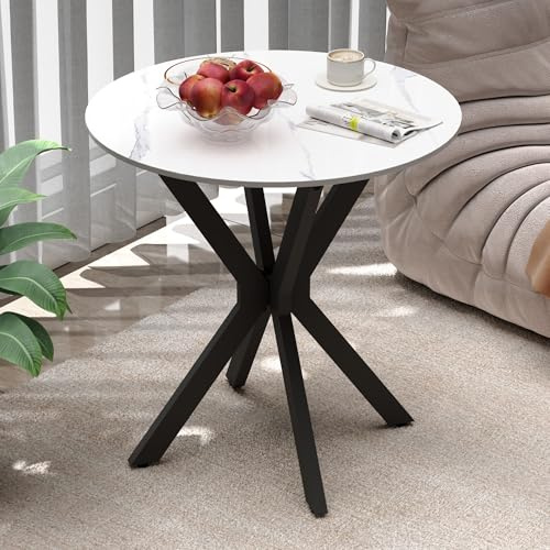 AOYA Round Coffee Table Small Marble End Table White Table with Black Powder Coated Legs for Living Room Office,50x50x55cm