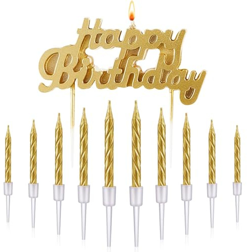 Calkkrer 11 Pezzi Candele Buon Compleanno, Inserti per Torta a Lettere, 10 Candele a Spirale Sottili, Decorazione di Compleanno Dorata, per Torta e Forniture per Feste