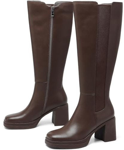 SLXCHBSL High Heel Boots for Women Square Toe 3 Inch Platform Knee High Side Zipper Chunky Heel Boots with Stretch Elastic Tall Fall Boots for Casual Comfort