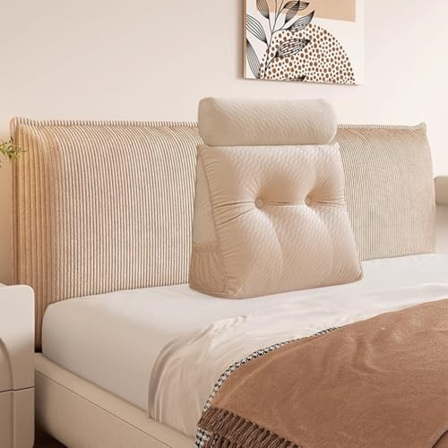 Almohada triangular de terciopelo con cojín enrollable, cubierta extraíble para cabecero, cama baja o litera, cojín de apoyo para respaldo, descanso, lectura y relajación (Beige, 60*50*20cm)