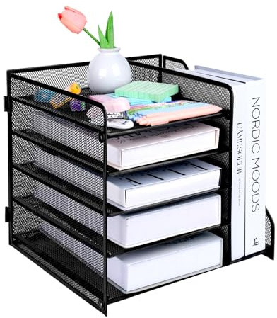 EasyOFC Organizador de escritorio, organizador de archivos, bandeja de papel de 5 niveles, almacenamiento de escritorio de malla con soporte para revistas para suministros de oficina (negro)