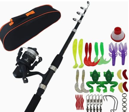Juego de pesca para niños, 1,5 m, juego completo con carrete y cebo, caña de pescar telescópica de fibra de carbono y carrete de línea de pesca, accesorios para niños de 3 a 10 años (negro)