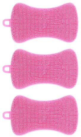Lot de 3 éponges à vaisselle en silicone réutilisables et anti-rayures pour vaisselle, fruits, légumes (rose)