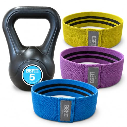 Kit Kettlebell BSFIT con Bandas Circulares de Resistencia – Pesa Rusa Antideslizante con Hip Bands Textiles para Glúteos, Piernas, Fitness, Cross Training y Entrenamiento en Casa (5 kg + Bandas)