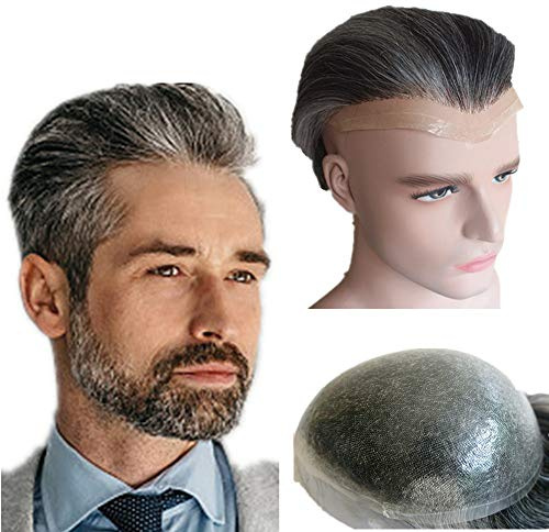 N.L.W. Parrucca Uomo PU Toupet Pezzi di Capelli Umani Europei per Gli Uomini Sostituzione dei Capelli Sistema 8×10 Pollici Parrucche 0.06Centimetri di Spessore Uomini Parrucca in Nero e Grigio