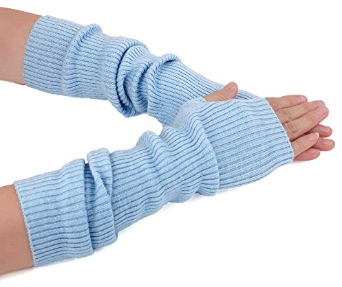 F Flammi Armwärmer aus Kaschmir-Mischgewebe für den Winter, fingerlose Handschuhe, Strickhandschuhe, Handgelenkwärmer mit Daumenloch für Damen, Babyblau (42 cm), Medium
