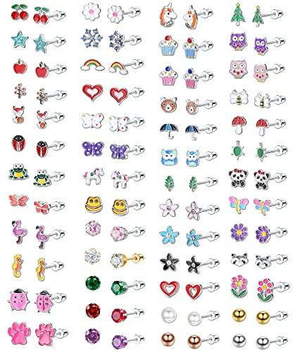MILACOLATO 51Pares Pendientes Niñas Lindos y Pequeños Con Agujas Hipoalergénicas Acero Inoxidable Circonitas De Colores Animales Flores Frutas Perlas Estrella Aros Aretes Joyería Regalos