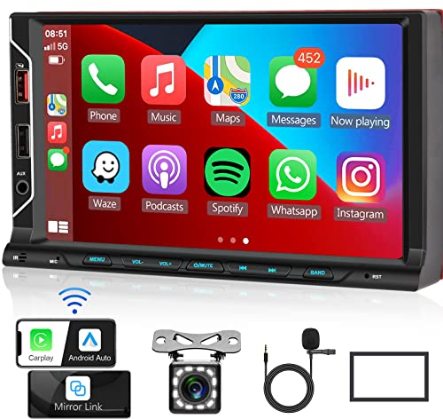 Hodozzy Doppel-Din Autoradio mit Wireless CarPlay Drahtlosem Android Auto Mirror Link, 7-Zoll-Touchscreen-Radio Bluetooth Freisprecheinrichtung 2 Din MP5 Player FM/EQ/USB/AUX, Rückfahrkamera