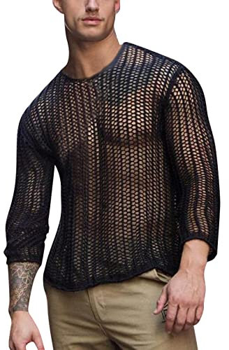 Herren Transparent Shirts Transparent Shirts Langarm Netz Langarm Netz Unterhemd Fishnet Durchsichtig Strick Pullover Rundhals Langarm Lose Cover Up Hollow-Out Strickoberteil Streetwear