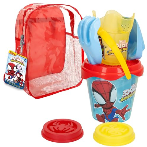 ColorBaby 77382 - Marvel Spidey y su superequipo Set de Playa Infantil, Conjunto de Cubo de Playa con Pala, rastrillo, regadera y Accesorios, Mochila de Playa para niños, Set Juguetes Infantil