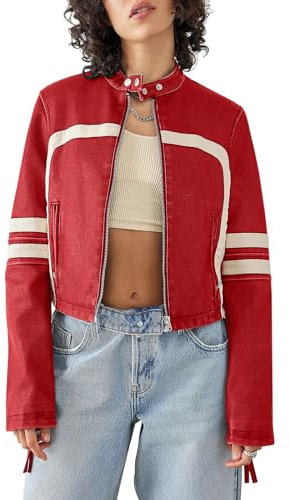 Saodimallsu Women’s Faux Leather Jackets Zip Up Stand Collar Cropped Motocross PU Coats
