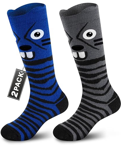 Muezna 2 Pairs Children's Merino Wool Ski Socks, Boys Girls Winter Thermal Socks Children's Socks Sports Socks Knee-High Warm Thick Skiing Skating Socks (OTC), 2 Pairs-Blue/Grey, 36-39