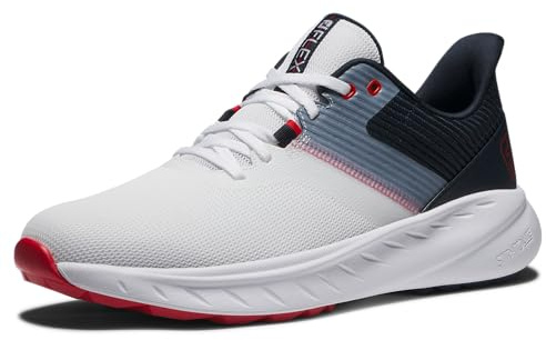 FootJoy Men's FJ Flex Previous Season Style Golf Shoe, White/Navy/Red, 9.5