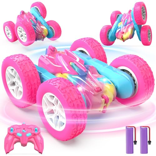 DEERC Rosa fjärrstyrd bil för flickor med färgglada lampor, RC-stuntbilar, 360° roterande RC-stuntbil 4WD RC-leksaksbilar för flickor från 6 år
