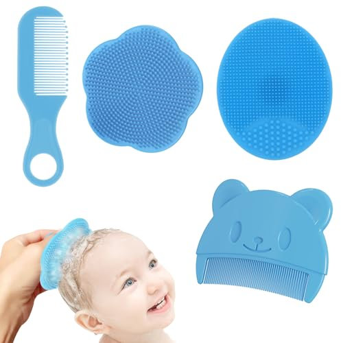 Milchschorf Kamm 4 Stück Baby Bürste Baby Kamm Milchschorf Weiche Borsten, Schorfkamm Baby Milchschorf Baby Entfernen, Babykamm Babybürste Neugeborene für Baby Geeignet für Neugeborene, Baby (Blau)