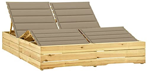 Homgoday Doppel-Sonnenliege mit Beigen Auflage Gartenliege Relaxliege Strandliege Balkonliege Verstellbare Rückenlehne Freizeitliege für Garten, Terrasse Balkonn Kiefer Imprägniert