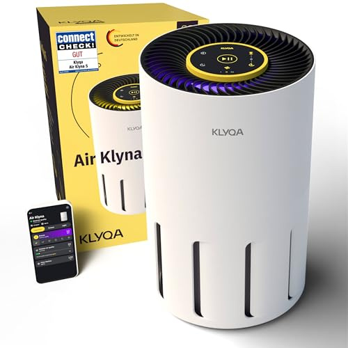 Klyqa Luftreiniger Allergiker 360° HEPA-Filter Pet entfernt 99,99% der Tierhaare, Staub & Pollen I 300 CADR I 21,5Db Geräuscharmer Luftfilter I Smart Air purifier gegen Tierhaar I Server in DE