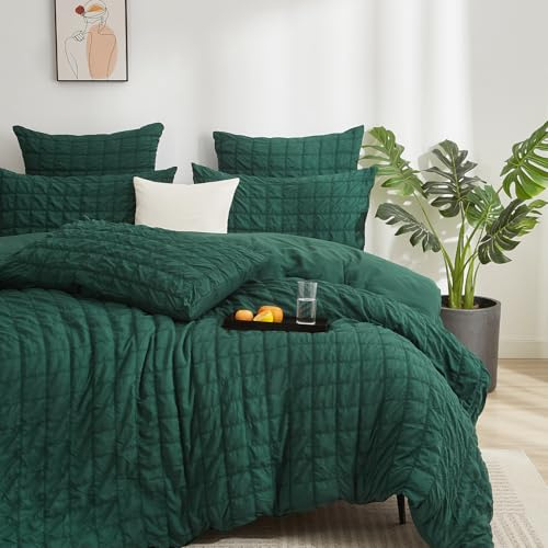 YASMENG Biancheria da letto in seersucker, 220 x 240 cm, colore verde scuro, a quadretti, moderna, 3 pezzi, morbida, traspirante, in microfibra, set con chiusura lampo e 2 federe da 80 x 80 cm