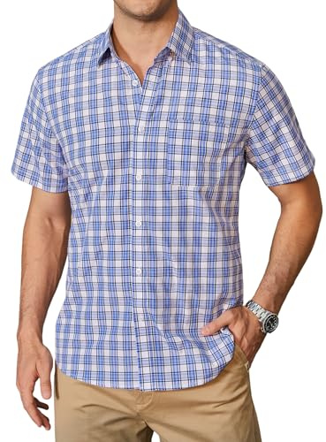 HISDERN Camicia Uomo Quadri Manica Corta Cotone Bottoni Camicie Estiva Scozzese Uomo con Tasche Regular Fit