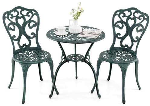 COSTWAY 3-del. Set med trädgårdsmöbler, bistrobord med 2 stolar, väderbeständigt balkongset, balkongmöbler av gjuten aluminium, terrassmöbler, trädgårdsgarnityr, sittgrupp för terrass, balkong