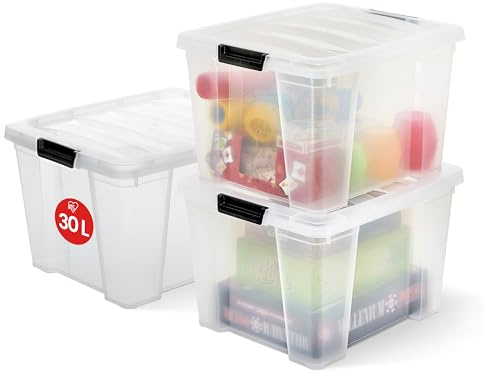 Iris Ohyama, Contenitore in Plastica con Coperchio, 30 Litri, Set da 3, Trasparente, Clip di Chiusura, Maniglia, Impilabile, per Camera da Letto, Cabina Armadio, Ufficio, Senza BPA, Contenitore, HB-30