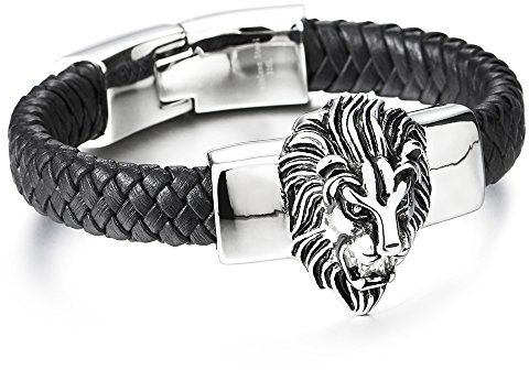 COOLSTEELANDBEYOND Men's Braided Leather Lion Bracelet, Stainless Steel King of the Jungle Bangle, Fierce Animal Head Jewelry, Bold Urban Rocker Accessory, Gift for Him