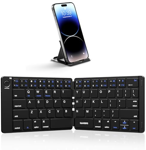 Samsers Foldable Bluetooth Keyboard - Portable Wireless Keyboard with Stand Holder, Rechargeable Full Size Ultra Slim Folding, Compatible iOS Android Windows Smartphone Tablet and Laptop - Black
